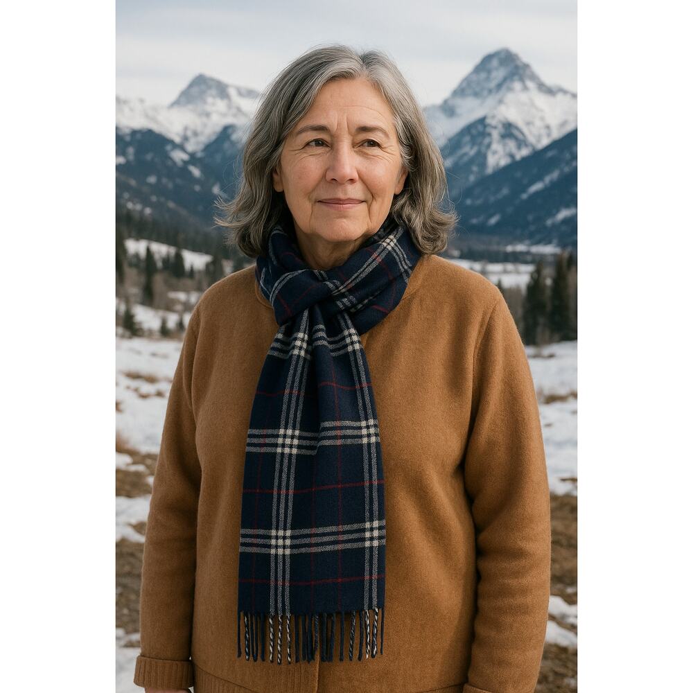 Italy Design Women's Plaid Winter 100% cashmere Fringe scarf Navy Gingham One Sz